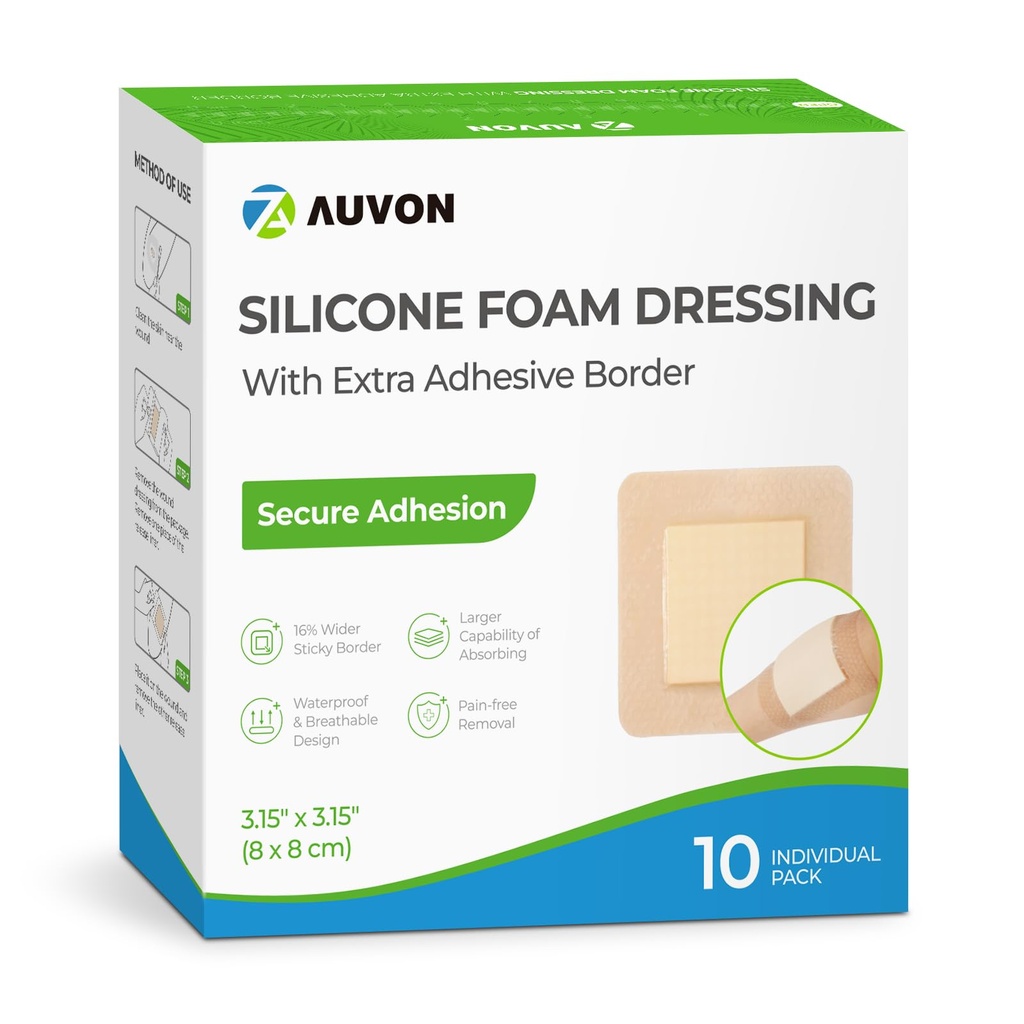 AUVON Mousse en silicone Dressing avec grande bordure adhésive, 3" x 3" 10 Packs Dressing Wound Bandage avec Haute Absorbence, Plaquettes en silicone imperméables pour soins et protection des plaies Plus Coussin
