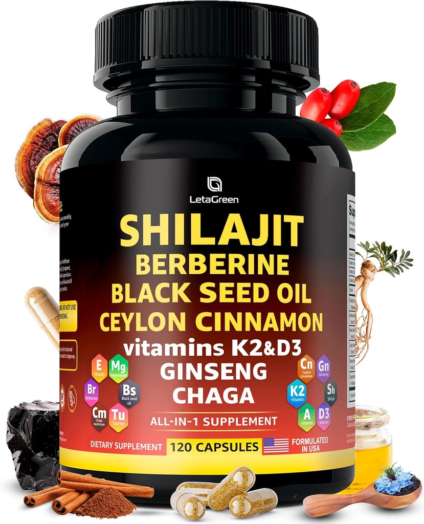 Organic Himalayan Shilajit Kapseln mit schwarzem Samen Öl Berberine Cinnamon Ginseng Chaga & Taurine & Vitamin A, E, D3, K2 (120 Count) - All-in-1 Fulvic Acid Shilajit für Herren & Frauen