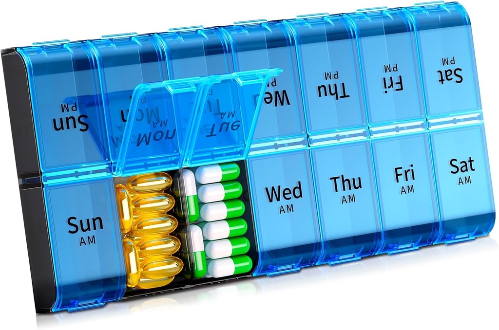 XL Large Weekly Pill Organizer 2 fois par jour, Extra Big 7 Day Pill Box Am Pm, Daily Pill Case Medicine Organizer avec 14 compartiments, Day Night Pill Container pour les huiles de poisson, vitamine, supplément