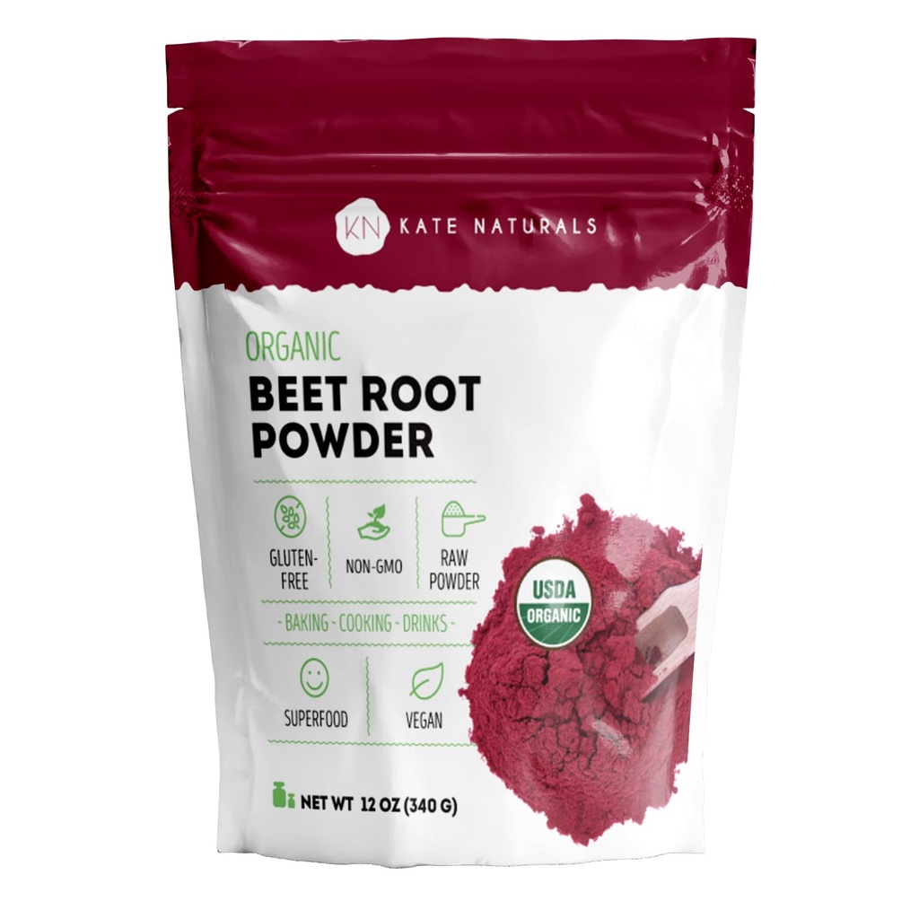 Kate Naturals Organic Beet Root Powder für Glatteien, Backen und Saft. Raw Beetroot Superfood & Natural Red Food Coloring (12oz, Non-GMO, Erdige Geschmack)