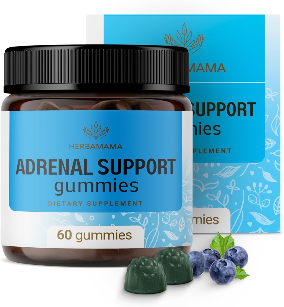 HERBAMAMA Adrenal Support Gummis - Pure Adrenal Complex Supplement für Damen mit Ashwagandha Root, Rhodiola Rosea & Magnesium - Vegan, Non-GMO - 60 Pectin-Based Blueberry-Flavored Chews