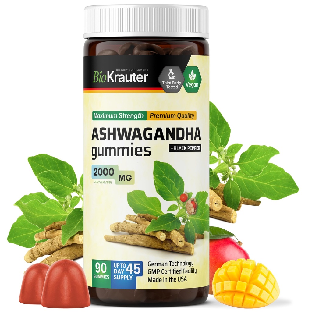 BIO KRAUTER Ashwagandha Gummi für Damen und Herren - 2000 mg Stärke - 90 Chews for Mood Support - Kaubare Ashwagandha Ergänzungen - Vegan - Mango Flavor