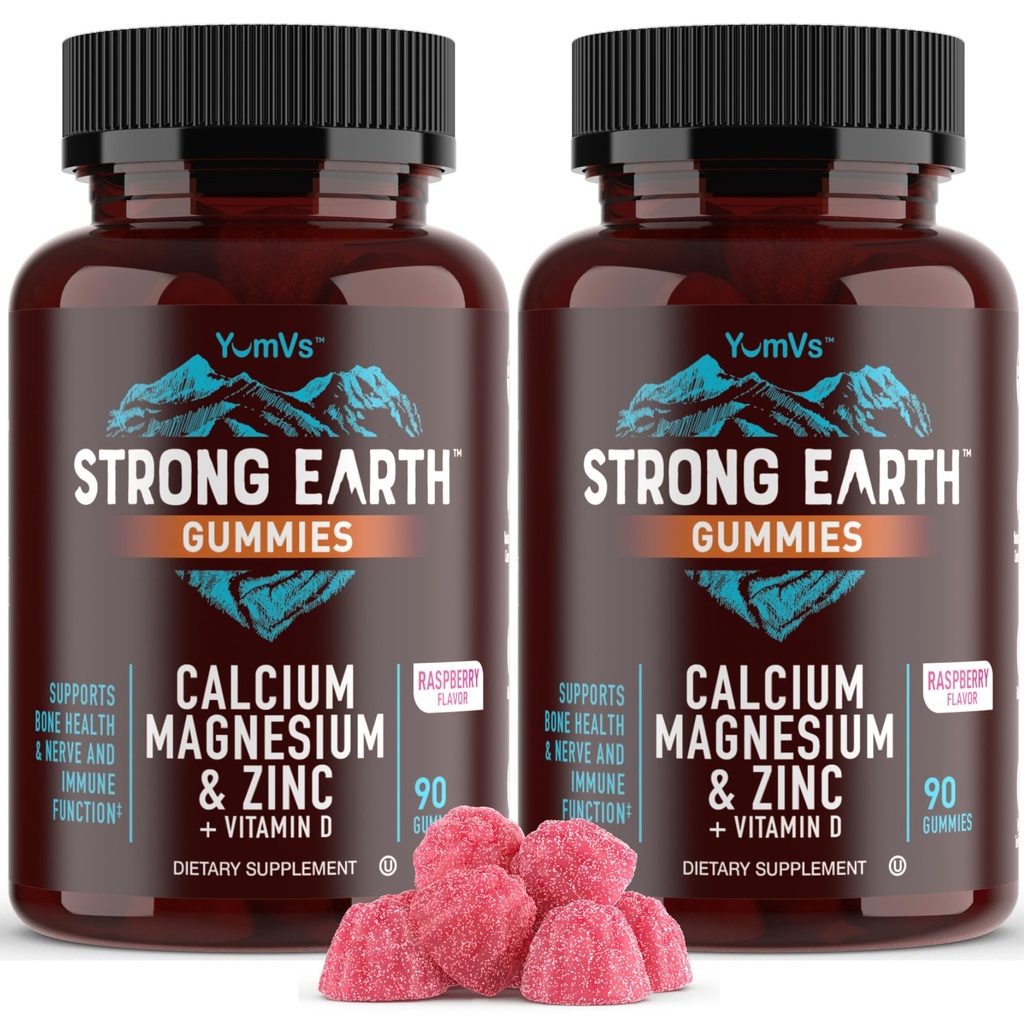 YUM-V'S Calcium, Magnesium, Zink & Vitamin D Gummis, Cal Mag Kaubare Ergänzung, Vegetarisch Kosher Halal Natürliche Himbeer Flavor Gummis für Erwachsene Frauen & Männer - 90 Count (Pack von 2)