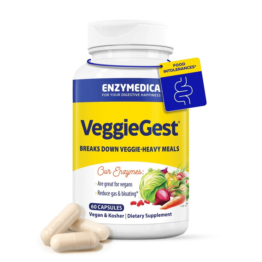 Enzymedica, VeggieGest, Verdauungsenzyme, unterstützt schädliches Gas- und Bloating Relief von hochfaserigen Mahlzeiten, für vegane und vegetarische Ernährung, Enzymmischung für Verdauungsgesundheit, 60 Zähler