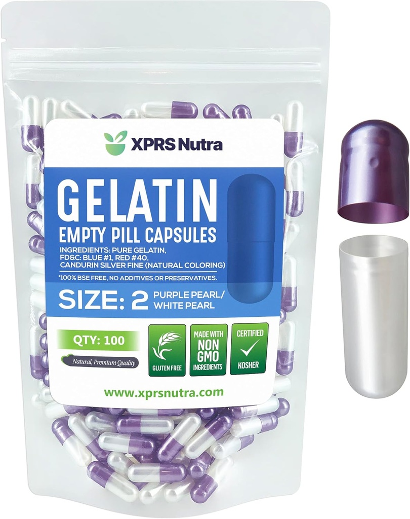 XPRS Nutra Size 2 Capsule Vuoti - 100 Conta Capsule Gelatini Vuoti - Pillole Riempimento Capsule fai da te - Pure Bovine Pill Gel Caps per Do-It-Yourself Supplements (Pearl Purple/White)