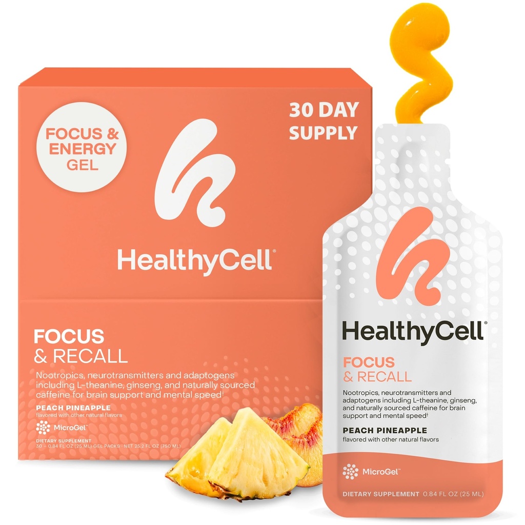 Healthycell Focus & Recall, Supplemento giornaliero del cervello liquido per messa a fuoco e memoria - Supplemento Nootropics per concentrazione e allerta con L-teanina, Omega-3 & Taurina - 30 Gel Packs