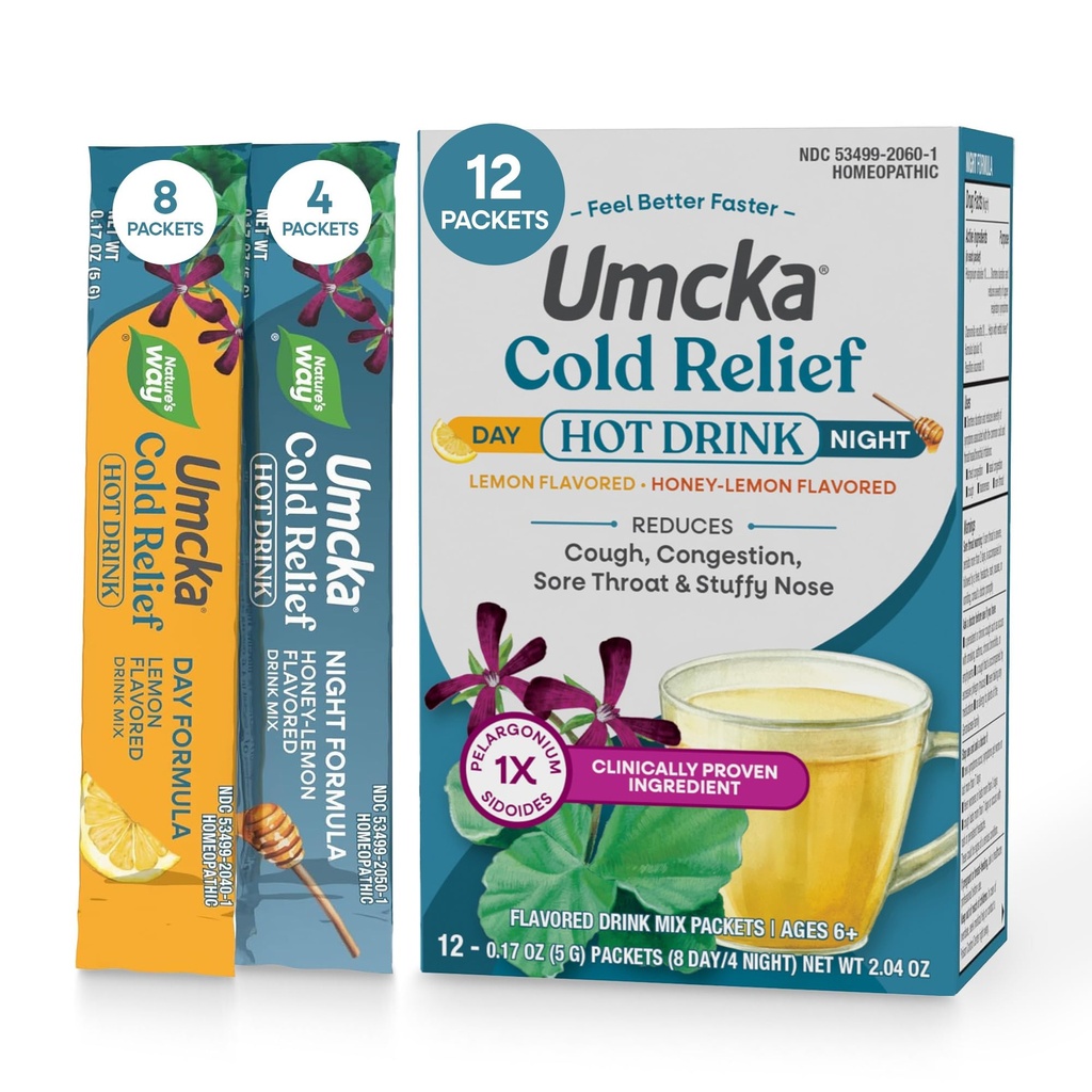 Nature's Way Cold Relief Hot Drink, Umcka, Homöopathic, Clinical Proven Pelargonium Sidoides 1X, für Cough, Congestion, Sore Throat, Stuffy Nose, Day & Night Formula, 12 Packets (Packaging May Vary)