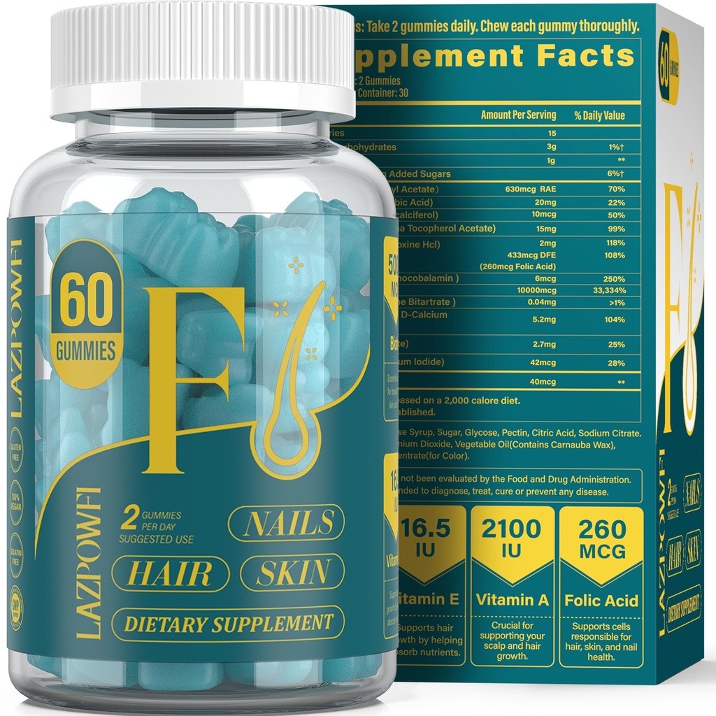 Biotin Gummies -Hair Skin and Nails Vitamins for Men & Women, Vegan Vitamin B7, Supports Hair Growth and Stronger Nails,30 Day Supply - Blueberry-60 Counts
