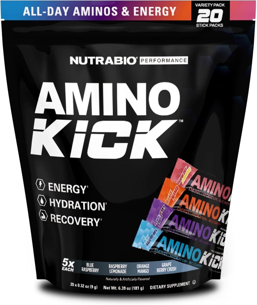 NutraBio – Amino Kick – All in One Performance Formula Energy, Hydration, Recovery 20 Servings, (Variety Pack) – 6g Amino Acids – Unterstützung Muskelaufbau