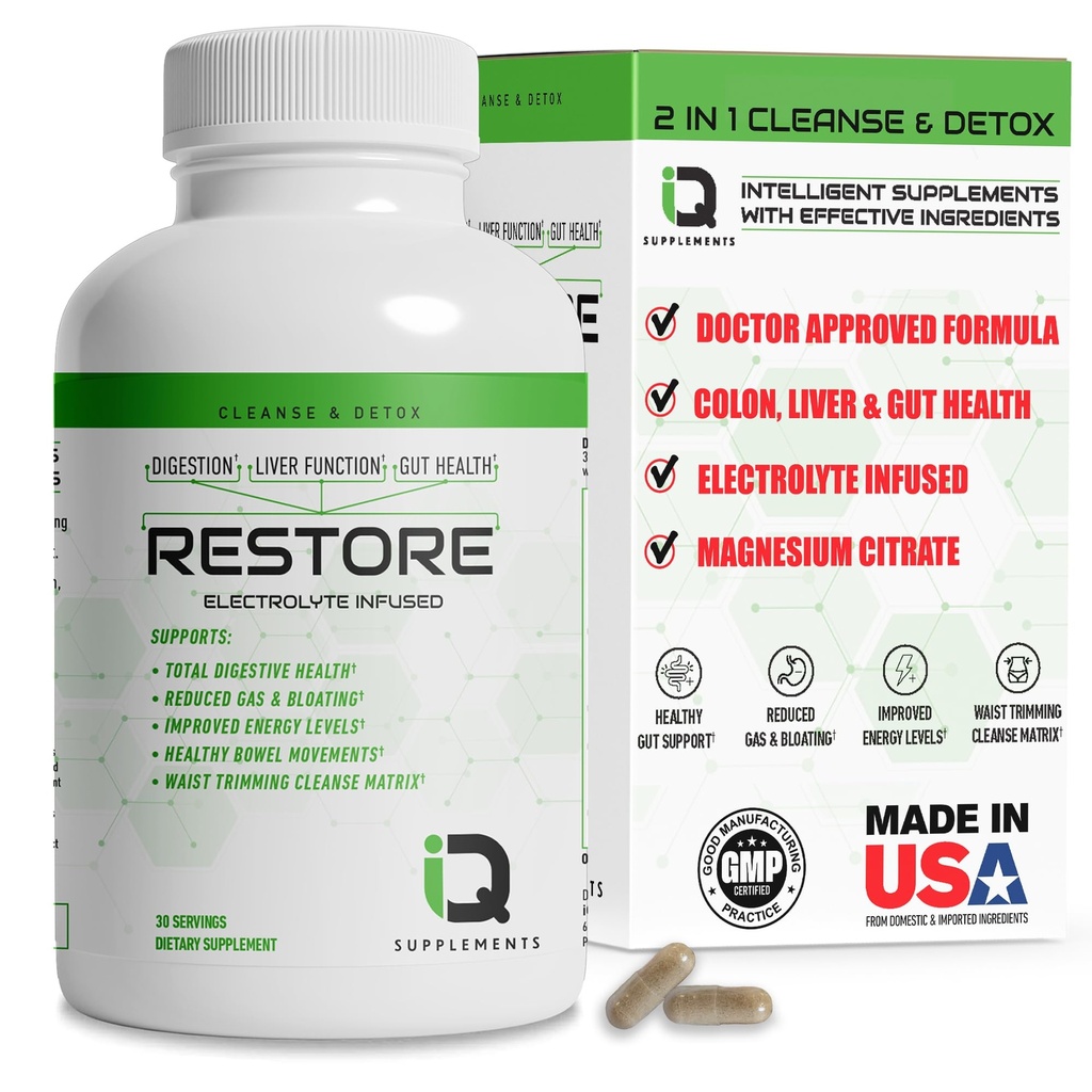 Restore 2 In 1 Colon Cleanse & Detox w/ Psyllium - Unterstützt Verdauung, Entlüften & Verstopfung Relief für Frauen & Männer, Gut Detox Cleanse w/ Magnesium | Elektrolyt Infused Colon Cleanser & Detox