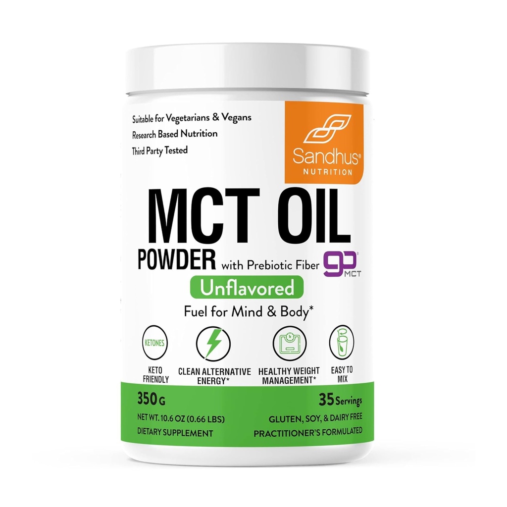 Sandhu's MCT-Öl-Pulver mit Prebiotischer Faser | 35 Servierungen | Organic - Keto | Fatty Acid Fuel for Body & Brain | 100% Kokosöl abgeleitet, einfach zu mischen, 10.6 Oz