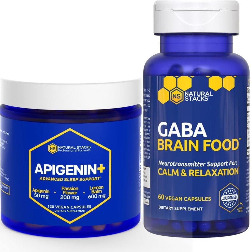 NATURAL STACKS GABA Brain Essen + Apigenin Ergänzung für Schlaf Bundle - Unterstützt Entspannung und Schlaf* - 180 Gesamtkapseln