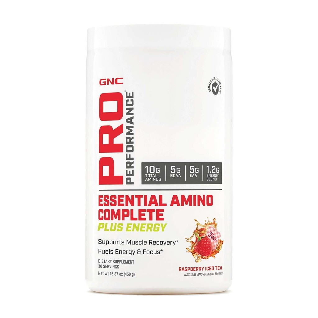 GNC Pro Performance Essential Amino Complete Plus Energy - Raspberry Iced Tea | 5g BCAA, 5g EAA Plus Energy Blend e Electrolyte Complex | 30 Servings