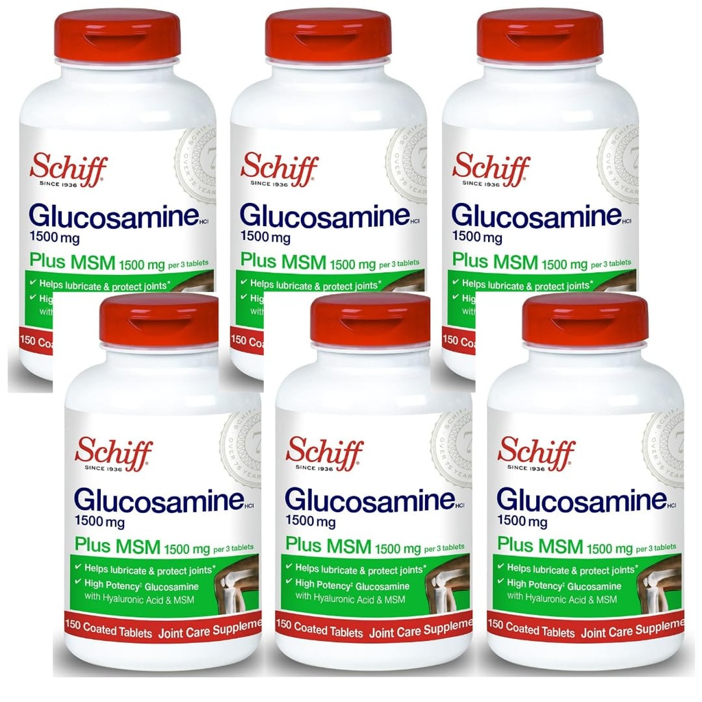 Schiff Glucosamine 1500mg Plus MSM et acide hyaluronique, 150 comprimés - Supplément articulaire (paquet de 6)