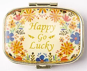 AmyZone Metal Pill Organizer Travel Friendly Portable Compact Pill Box Cute Pill Case pour contenir des vitamines/Tylenol/Huile de poisson/Suppléments/Meds/Tablet for Purse/Pocket(Happy Go Lucky)