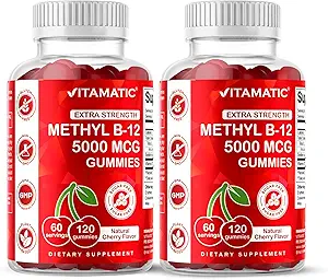 Vitamatic 2 Packs Extra Strength Vitamin B12 5000 mcg (Methyl B12) Gummi - 120 Zähler - Energie Stoffwechselunterstützung und Nervous System Health Support, Natürliche Kirsche Flavored