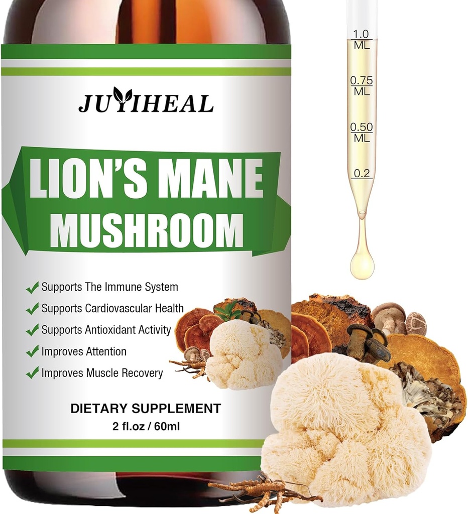 Lions Mane Liquid - Gehirnunterstützung, Energie, Gedächtnis & Fokus - Zucker & Alkoholfreie Lions Mane Supplement - 2 Fl OZ, 2 Monate Versorgung