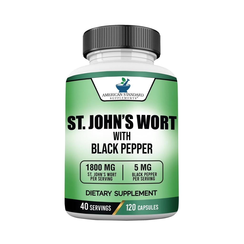 Amerikanische Standard-Ergänzungen St. John’s Wort 1800mg Pro Servieren mit schwarzem Pfeffer Obst-Extrakt - Vegan, Glutenfrei, Non-GMO, 120 Kapseln, 40 Portionen