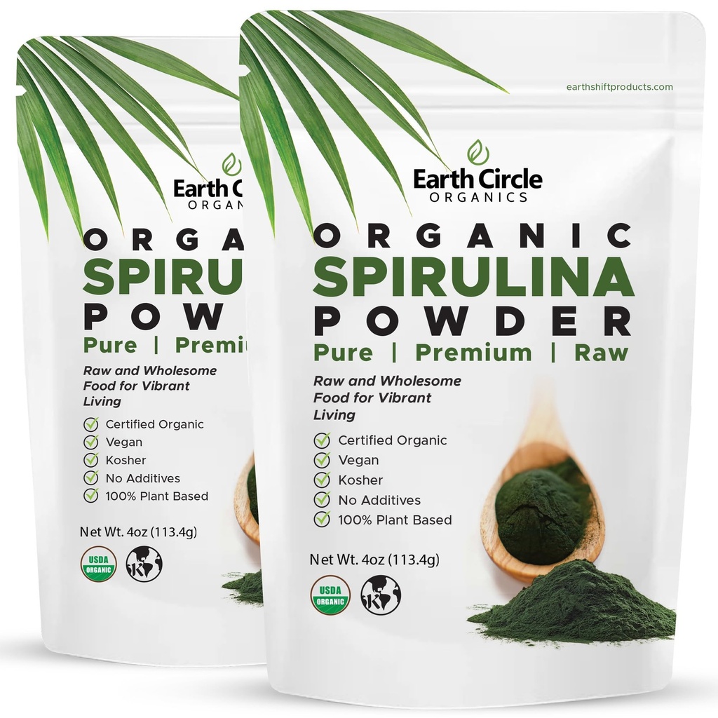 Earth Circle Organics Spirulina Powder, Kosher, Raw and Non-Irradiated | Pure Vegan Protein | Premium Superfood, High in Amino Acids and Antioxidants - 4 Ounce (2 Packs)