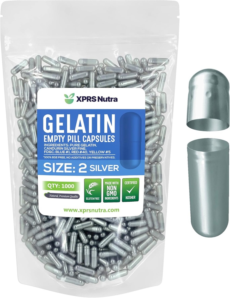 XPRS Nutra Size 2 Capsule Vuoti - 1000 Conta Capsule Gelatini Vuoti - Pillole Riempimento Capsule fai da te - Pure Bovine Pill Gel Caps per Do-It-Yourself Supplements (Argento)