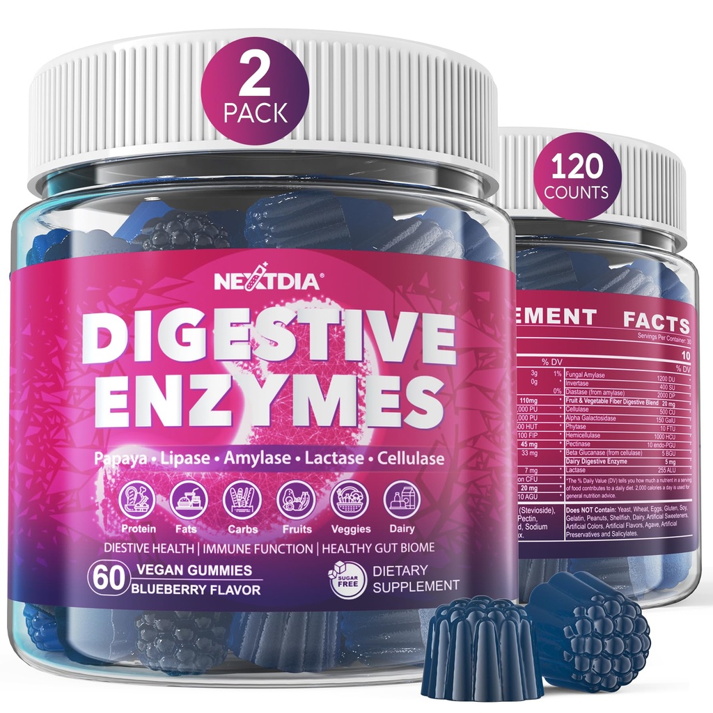 Verdauungsenzyme für Frauen und Männer Gummie w/ Probiotika, Papaya, Bromelain, Ginger - Bloating Relief & Gut Health Chewable Supplement Digest Proteine Dairy Carbs Veggies Fats, Sugar Free Vegan, 120Cts