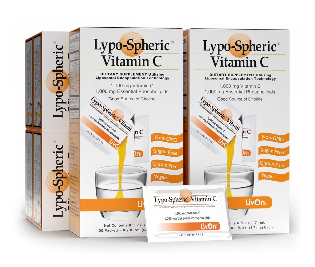 LivOn Laboratories Lypo–Spheric Vitamin C – 6 Cartoni (180 Packets) – 1.000 mg Vitamina C & 1.000 mg Phospholipids Essential Per Packet – Liposome Incapsulato per un migliore assorbimento – 100% Non-OGM