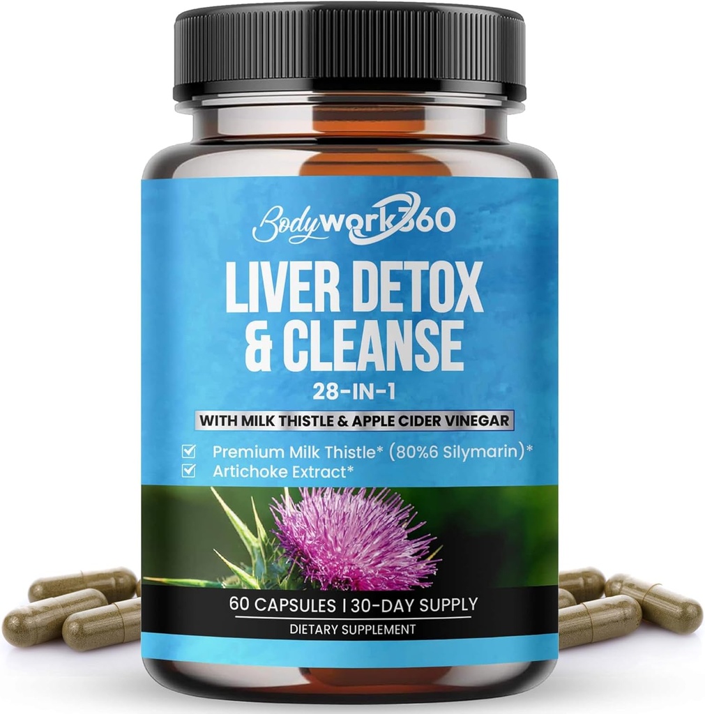 Liver Detox & Cleanse - 28-in-1 Liver Repair & Support Supplement for Men & Women with Milk Thistle, Apple Cider Vinegar, Dandelion Root Extract & Artichoke Extract - Non-GMO, 60 Capsules