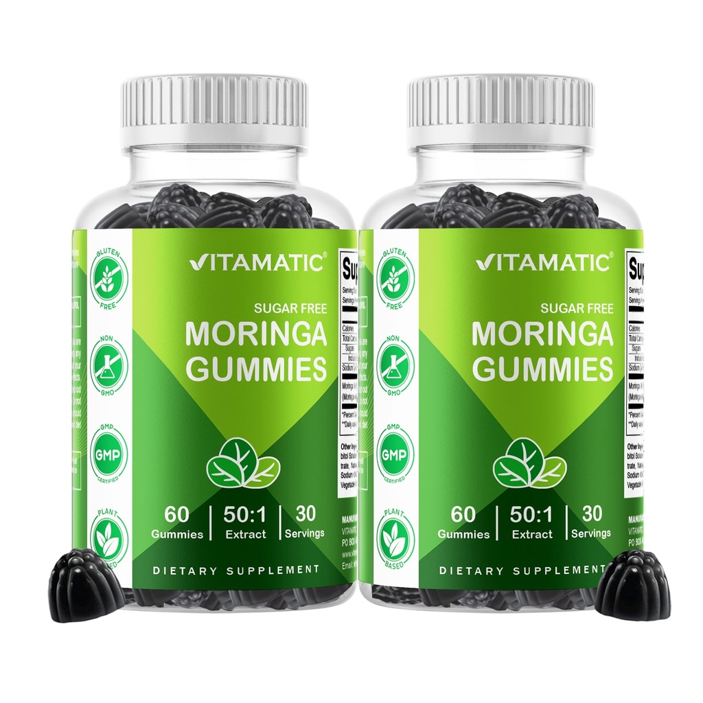 Vitamatic 2 Packs Zucchero Moringa Gummies- 10000 mg Equivalente Per Serving (da 50:1 estrarre 200 mg)- Estratto verde Superfood 20X completo - 60 Pectin Basato Gummies