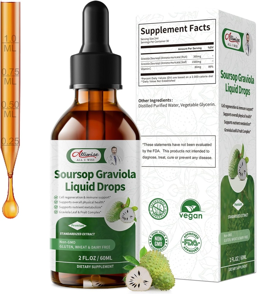 Soursop Graviola Liquid Drop, High Absorption Form Soursop Leaves & Fruit Complex, per Cell Regeneration & Immune Support & Digestive Bitters - Vegan Sour SOP Bitters Liquid - 2 Fl oz