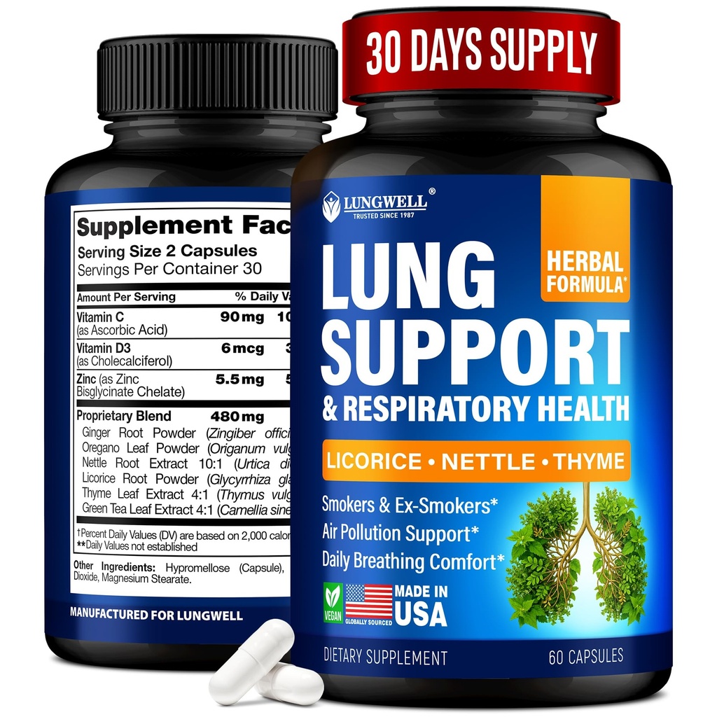 Soccorso per la pulizia e la salute dei polmoni - Made in Italy - Lung Detox with Licorice Root, Ginger & Nettle Root, Green Tea, Thyme & Oregano Leaves for Lung Clear Support & Stress Relief - 60 Capsule