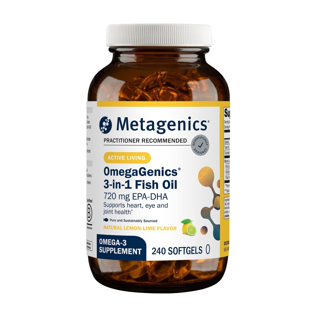 Metagenics OmegaGenics Fish Oil EPA-DHA 720 mg - Omega-3 Fish Oil Supplement - Hohe Potenz - für Herzgesundheit, Muskel- und Immunsystem Gesundheit* - mit DHA & EPA - 240 Softgels