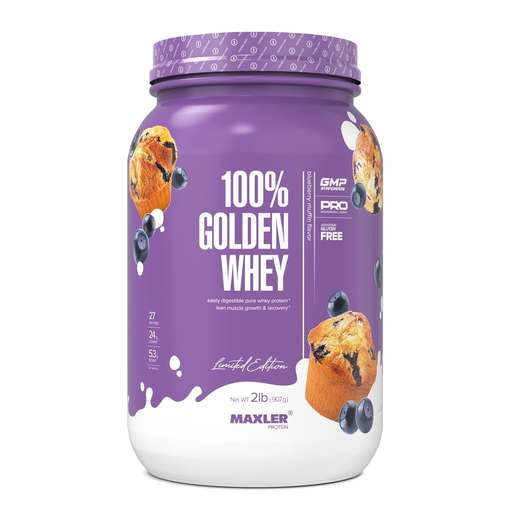 Maxler 100% Golden Whey Protein - 24g di proteine per porzione - Premium Whey Protein Powder for Pre Post Workout - Fast-Absorbing Whey Concentrate, Isolate & Hydrolysate Blend - Blueberry Muffin 2 lb