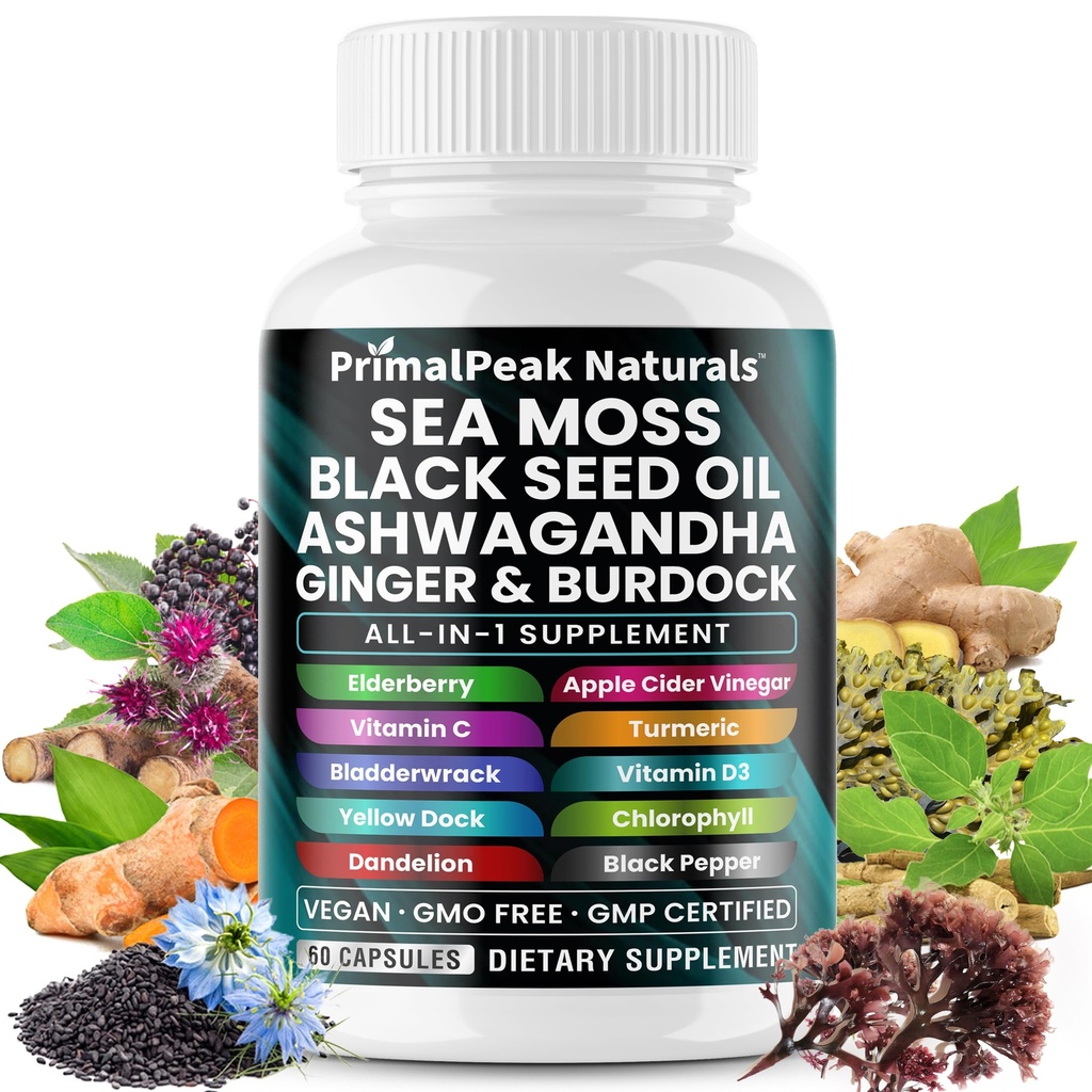 Sea Moss Black Seed Oil Ashwagandha Ginger Burdock Bladderwrack Turmeric & Vitamina C D3 con ACV Elderberry Chlorophyll Dandelion Yellow Dock Vegan Capsules - 60 Count