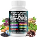 Sea Moss Black Seed Oil Ashwagandha Ginger Burdock Bladderwrack Turmeric & Vitamina C D3 con ACV Elderberry Chlorophyll Dandelion Yellow Dock Vegan Capsules - 60 Count