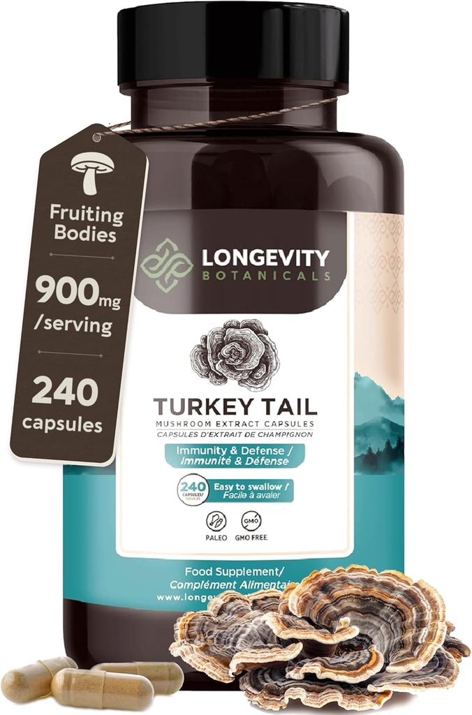 Integratore delle capsule per funghi della Turchia biologica (240) | Pure Fruiting Body 10:1 High Strength Extract | 50% Beta-D Glucans | 9.000mg Raw Equivalent Per Serving | Immune, Gut & Microbiome Support