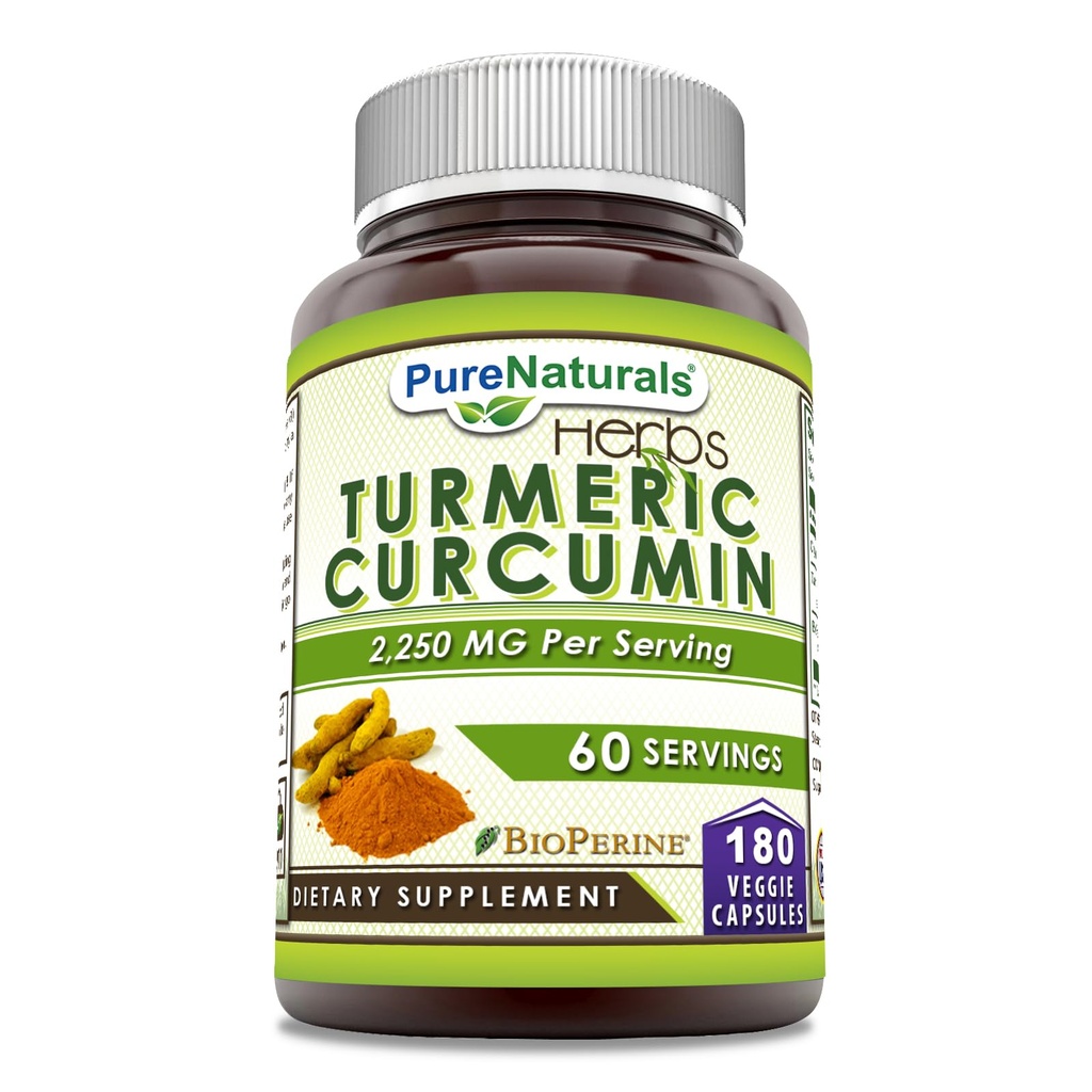 Pure Naturals Curcumin Turmeric con Bioperine 2250 mg Per Serving Supplemento | Capsule Veggie | Non-GMO | Gluten Free | Made in USA (1 Pack, 180 Count)
