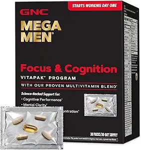 GNC Mega Men Focus and Cognition Vitapak Program, Conveniente, Nutrizione completa, 3 Prodotti in 1 Packet, Clarity, Focus, Energy, Concentrazione, Funziona il primo giorno, 100 mg di caffeina, 30 pacchetti giornalieri