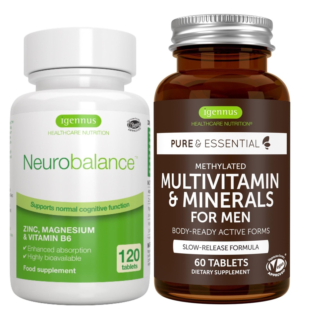 Neurobalance + Multivitaminico & Minerali per gli uomini Vegan Bundle, Zinco ad alto assorbimento, Magnesio & B6 Supplemento + rilascio prolungato Multivitamina di Igennus