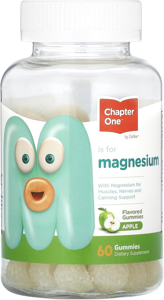 Chapitre 1 Gommies de magnésium pour les enfants et les adultes - Gommies naturelles calmes - Citrate de magnésium calme - Suppléments de fonction osseuse et musculaire pour les enfants et les adultes - Soutien de l'humeur, parfum de pomme Kosher (60)