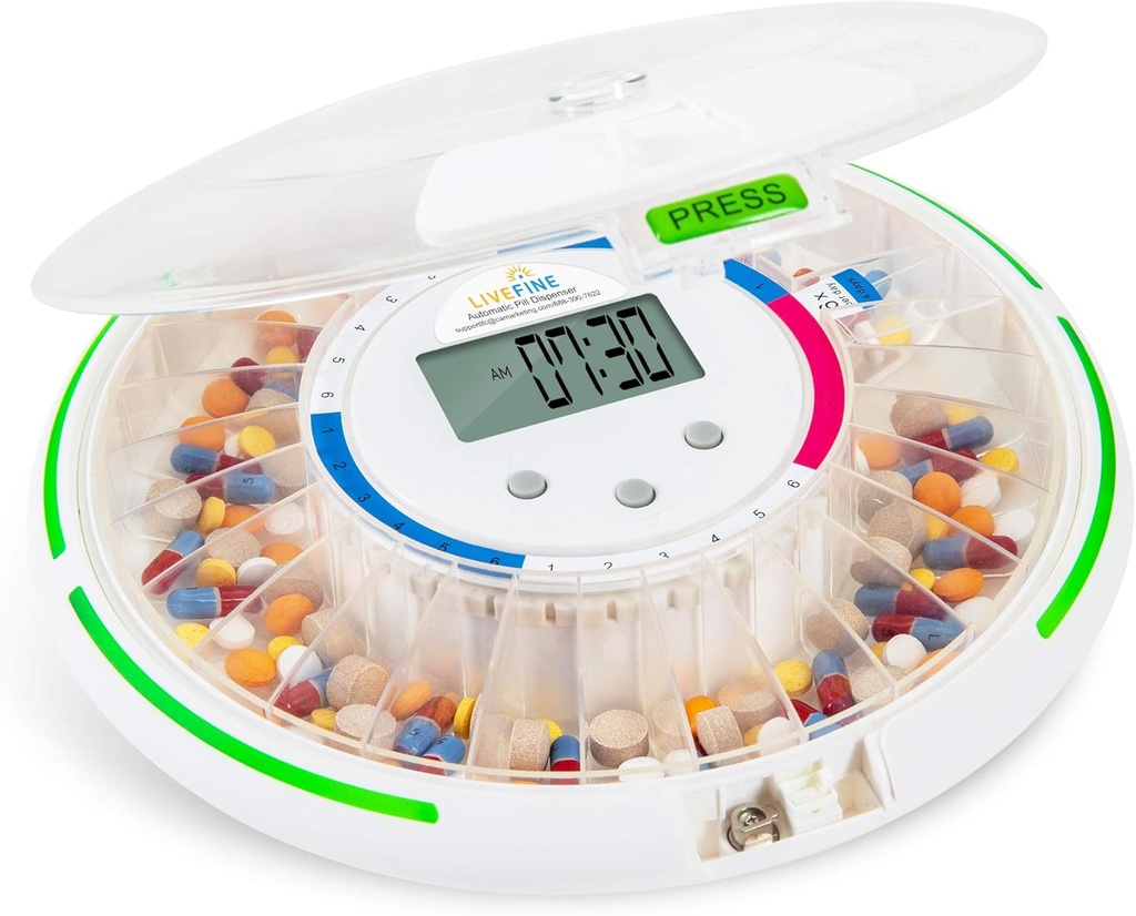 Dispenser automatico del piano live Fine con 28 giorni organizzatore di farmaci elettronici, 6 modelli di dosaggio, display LCD di facile lettura, avvisi di suono e luce e chiave per le prescrizioni, vitamine, integratori e altro ancora