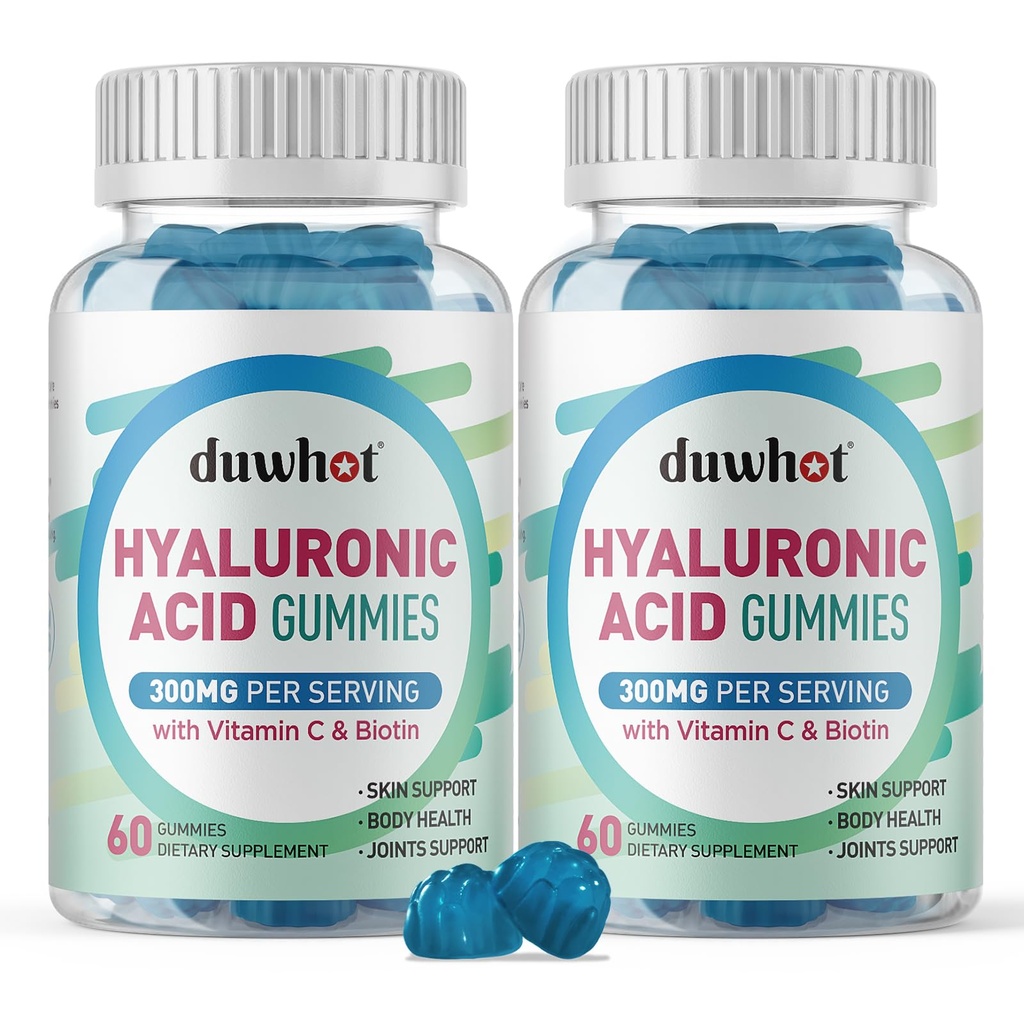Gommies d'acide hyaluronique, Suppléments d'acide hyaluronique avec vitamine C et biotine 5000mcg pour la peau, les cheveux, la santé des ongles, compléments pour les articulations pour les femmes et les hommes, faible sucre, végétalien, non-OGM, 60 comtes