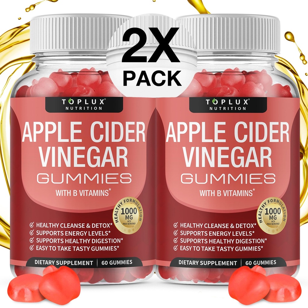 Toplux Apple Cider Vinegar Gummies - 1000mg ACV with B12, Beet Root, Pomegranate for Immune System, Detox & Cleanse, Gummy Alternative to Apple Cider Vinegar Capsules, for Men Women 2X Pack