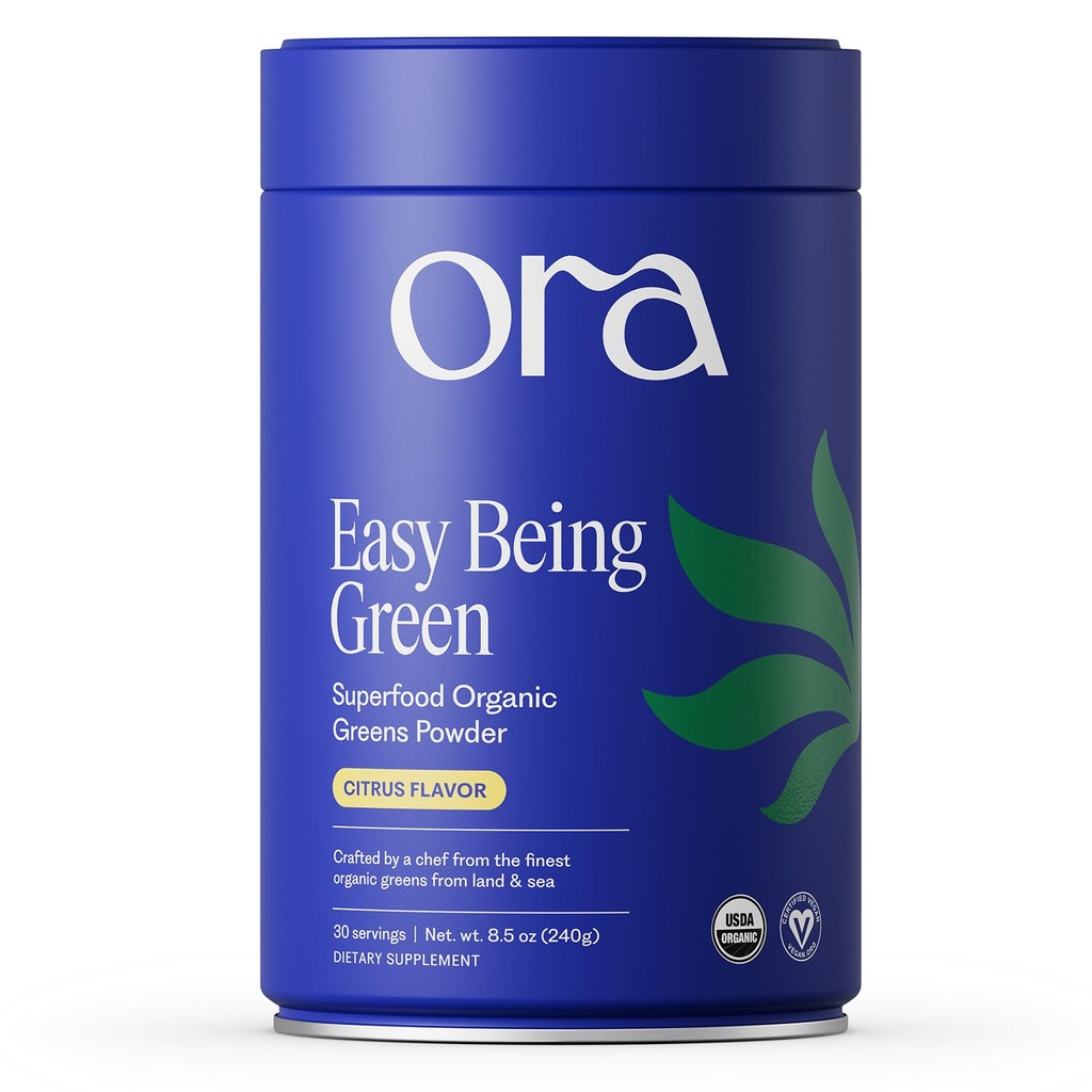 Ora Organic Greens Powder - Vegan, Glutenfrei, Bio Super Greens Getränk für Energie und Detox | Antioxidantien & Adaptogenic Kräuter | 20+ Superfood Greens Blend - Citrus Flavor, 30 Servierungen