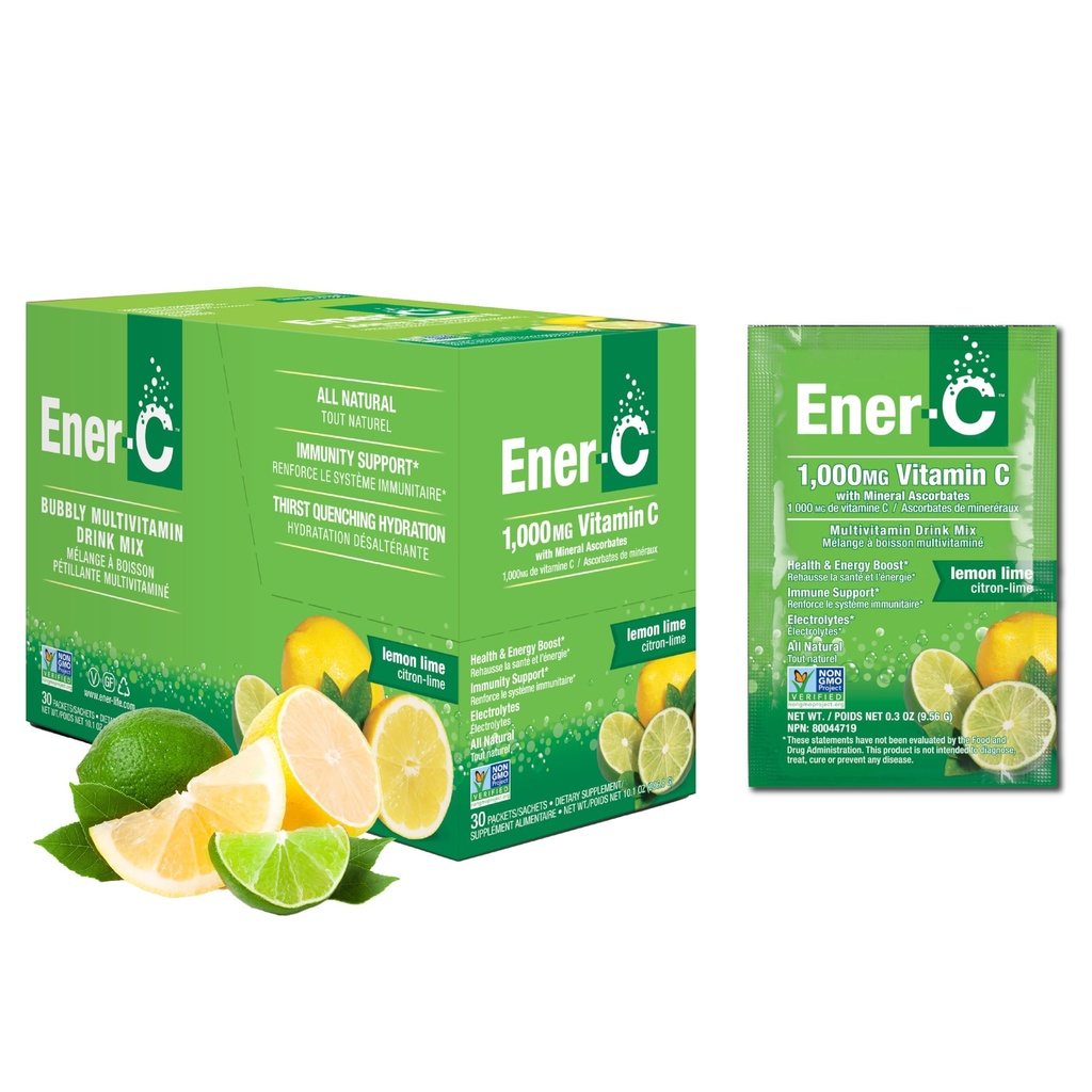 Ener-C Multivitamin Drink Mix - Confezioni di vitamina per acqua, Pacchetti di polvere di elettroliti, Miscela di bevanda di vitamina, Miscela liquida di idratazione, Booster immunitario per adulti, Energia sana - Lime di limone, 30 Conte