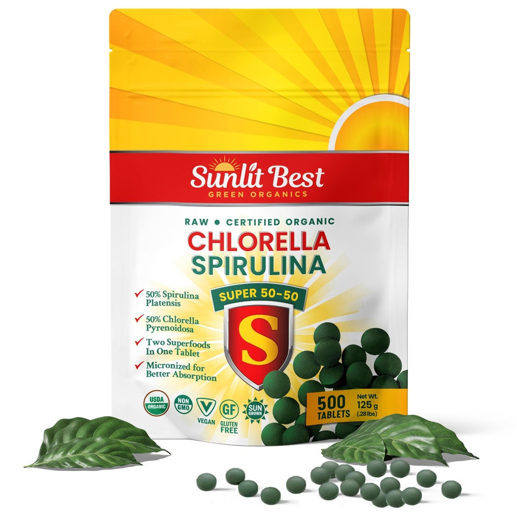 Sunlit Super 50/50 Organic Chlorella Spirulina Tabletten - Super Supplement für Immununterstützung, Darmgesundheit, Stimmung & Energie - Reich an Chlorophyll, Aminosäuren & Vegan Protein, 500 Superfood Tabs
