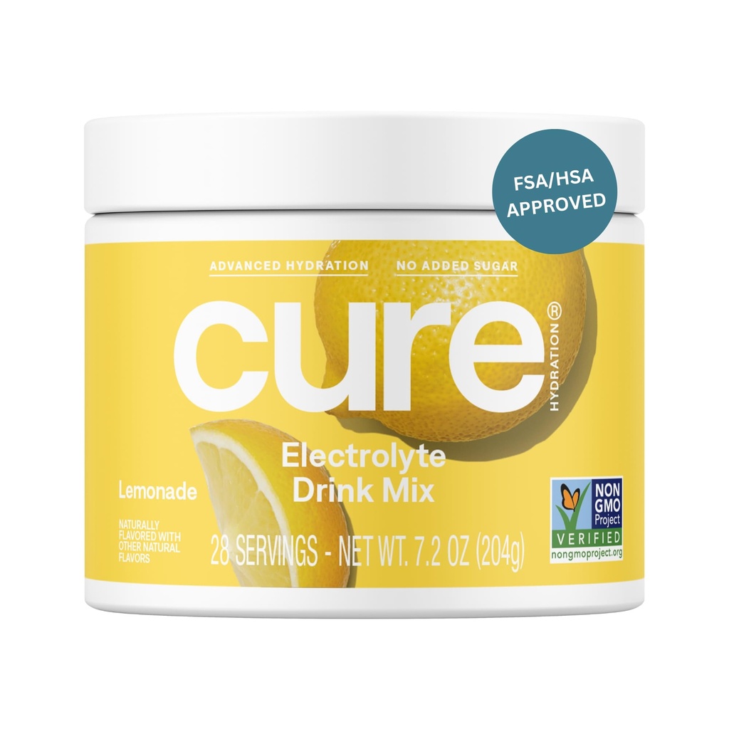 Cure Hydration | Miscela elettrolitica a base vegetale | No Aggiunto Zucchero | FSA-HSA | Polvere di rilievo di disidratazione fatta con acqua di cocco | Non-GMO | Vegan | 28 Servings Jar - Limonata
