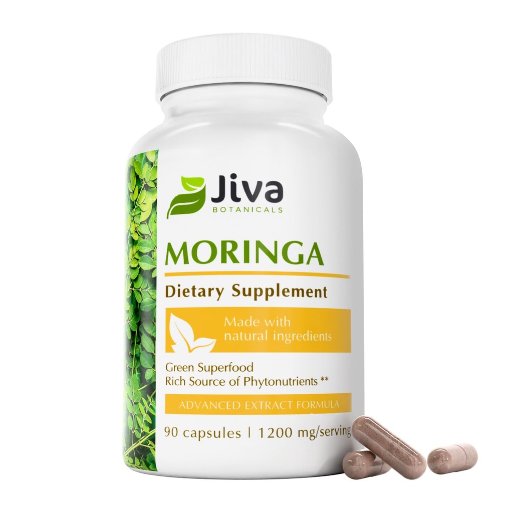 Jiva Botanicals Moringa Feuilles Extrait Capsules - Fabriqué à partir de Moringa Feuille Poudre et Supplément oléifère pour le soutien immunitaire et articulaire normal - 90 Capsules (paquet de 1)