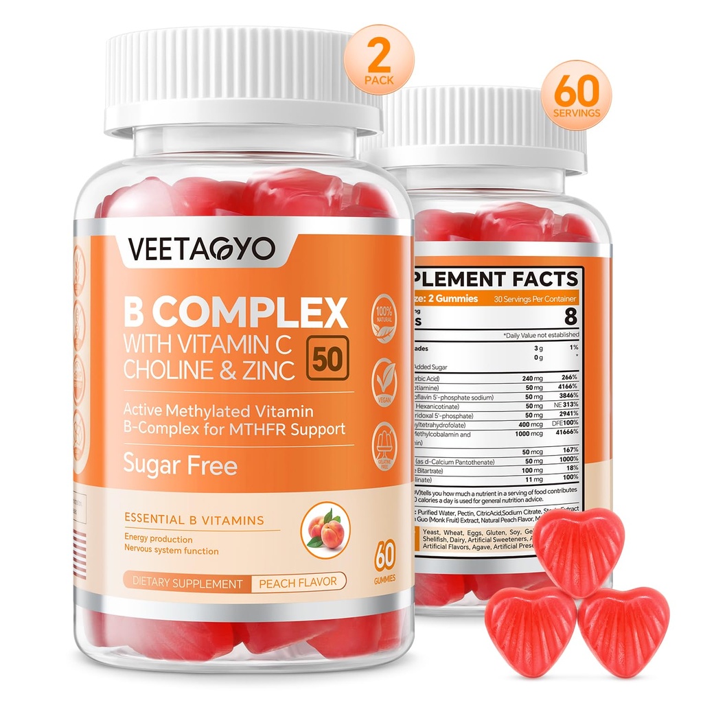 Complesso B 50 Gummie , Complesso B metilato con vitamina C,Choline & Zinc - B-Complex etilato attivo per l'energia,Supporto metilato - Tutte le vitamine B - B1,B2,B3,B5,B6,B7,B9,B12 - Sugar Free,120 Count
