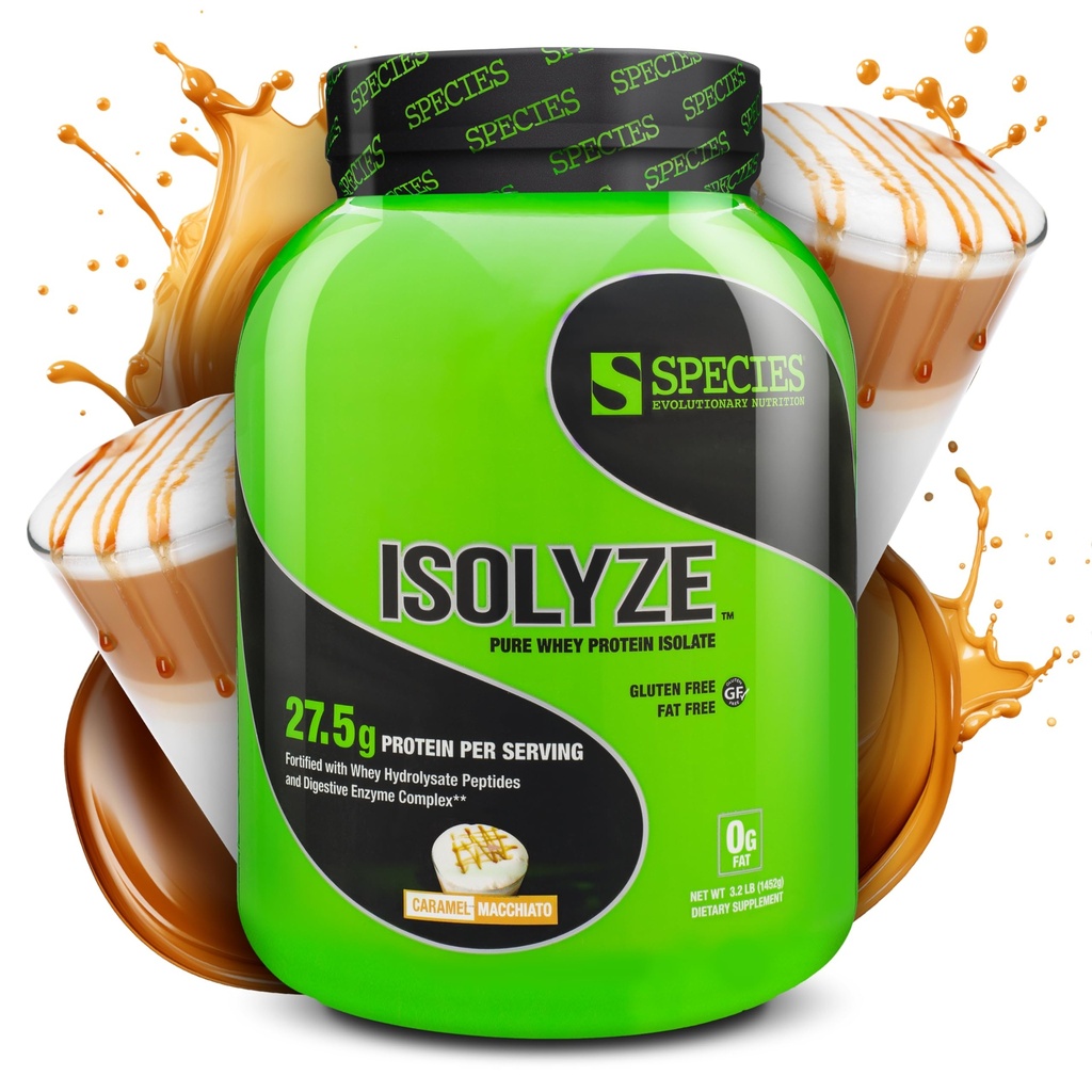 Specie Nutrition Isolyze Whey Protein Powder, 100% Whey Isolate for Muscle Building, 27.5g Protein Per Scoop, No Sugar & Low Fat (Caramel Macchiato, 44 Servings)
