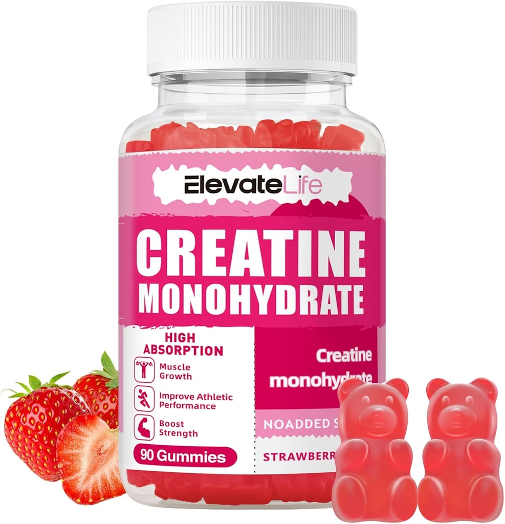 ElevateLife Creatine Monohydrate Gummie 5000mg für Männer & Frauen, Chewables Creatine Monohydrat für Muskelkraft, Muskelaufbau, Energie-Boost, Pre-Workout-Ergänzung(90 Count)-Strawberries